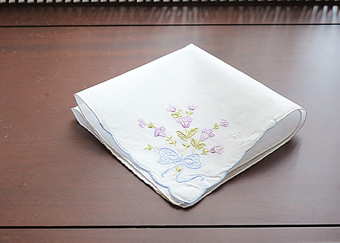 Embroidered Cotton handkerchief. Lavender Roses # 1103